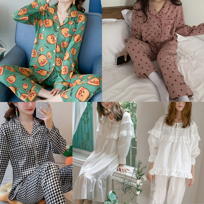 로로비 여성 마약 잠옷 세트 피치기모 체크 순면 공주 원피스 수면 파자마 실내복