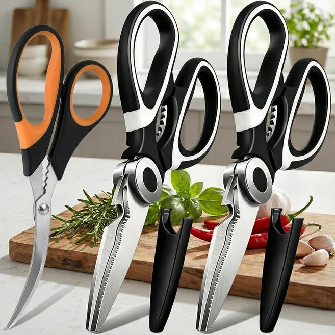 [1+1+1]다용도 주방 가위 3종 세트 헤비 듀티 스테인리스 스틸 요리 가위 고기 생선 닭 채소 손질 초강력 절삭력 식기세척기사용, 3개, 오렌지