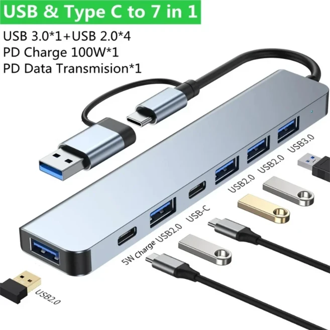 호환 USB 허브 7 in 1 C 분배기 확장기 멀티 포트 어댑터(5개 포트 포함) PC MacBook Pro용 C 60W PD 충, 01 7 in 1