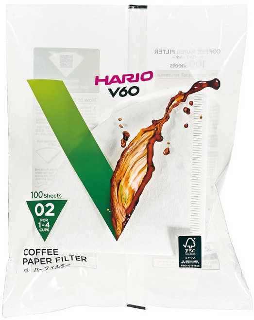 HARIO V60 濾紙 1-4杯 VCF-02-100W, 1個, 100個