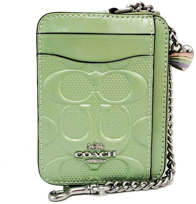COACH 淺綠色 PVC 壓紋 證件套 零錢包 附掛鍊 愛心吊飾