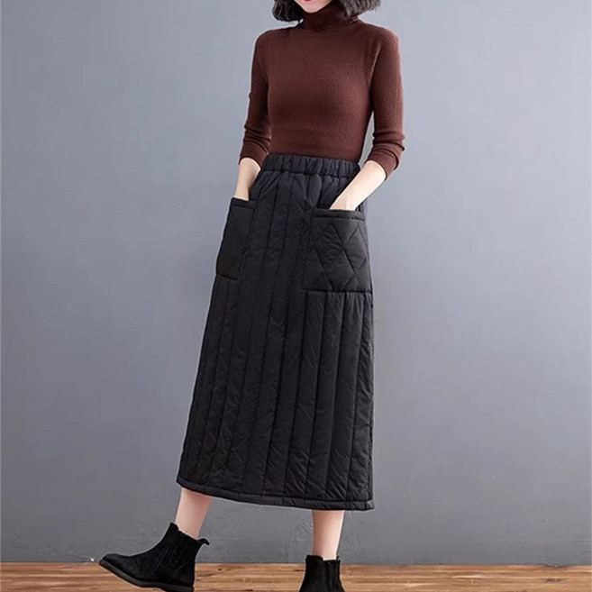 나인클로젯 블랙 패딩 겨울 여성 밴딩 하이웨스트 롱 스커트 여자 누빔 치마