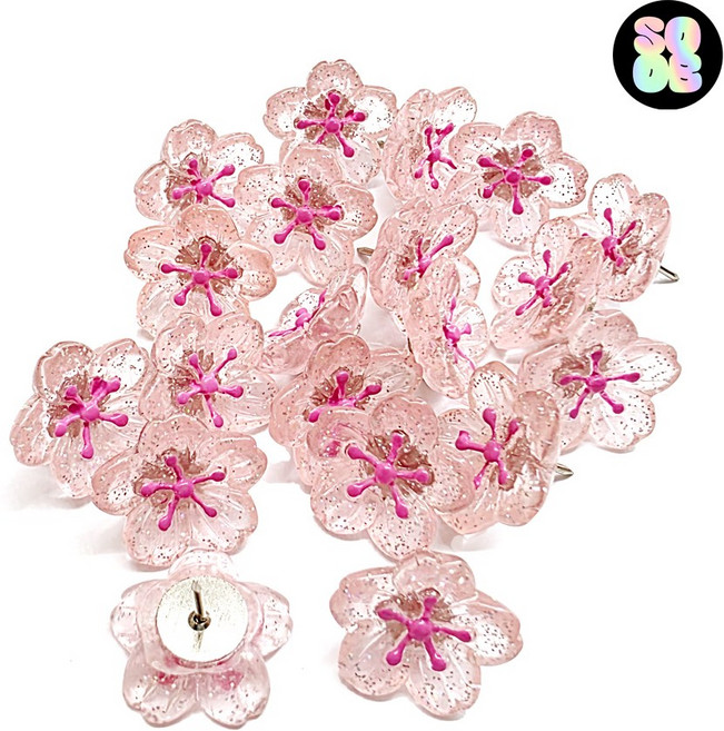 20p 투명펄 예쁜 벚꽃 압정 핑크색 사쿠라 반짝이 데스크푸쉬핀 셋트 엽서 사진고정 사무실게시판 압핀, 1세트, 20개입