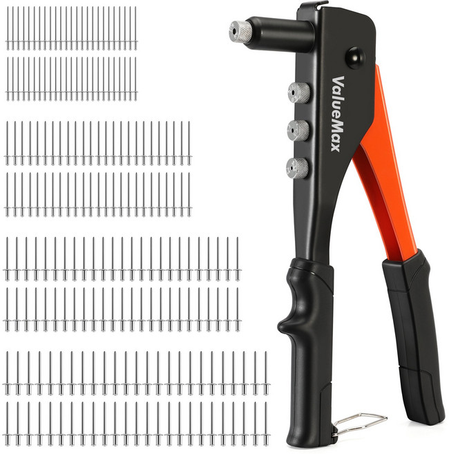 VALUEMAX 프리미엄 수동 리벳건+200개 리벳못 세트, 1세트
