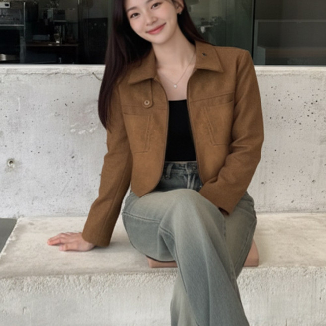 하이넥 카라넥 베이직 세미크롭 스웨이드 여성 집업 자켓