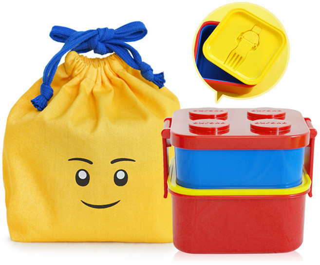 옥스포드 블럭 2단 도시락 + 파우치, 런치박스(블루) + 파우치(옐로우), 1세트