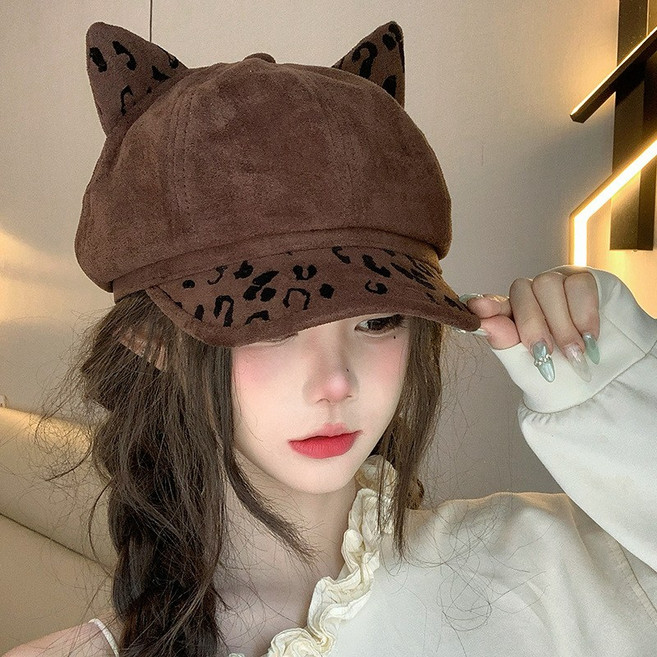 豹紋貓耳拼接八角帽 女款秋冬季 報童帽 貝雷帽