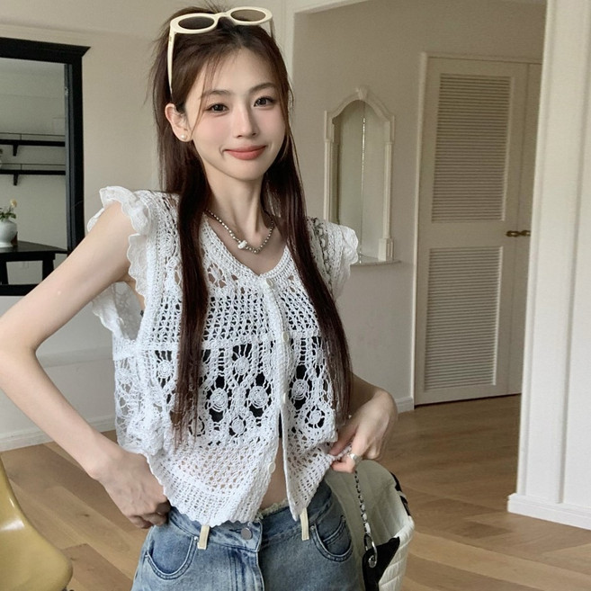 梨卡 鏤空針織背心 女裝V領無袖上衣 夏季透膚穿搭 白色米色, 白色 -現貨馬上出貨