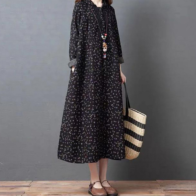 ORZQU 봄 여성 루즈핏 트렌디 캐주얼 패션 롱 셔츠형 원피스 긴팔 스냅핏 브이넥 플라워 기질 슬림해 보이는 코디 스커트