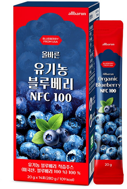 올바른 유기농 블루베리즙 NFC 착즙액 100% 14포, 1박스, 20g