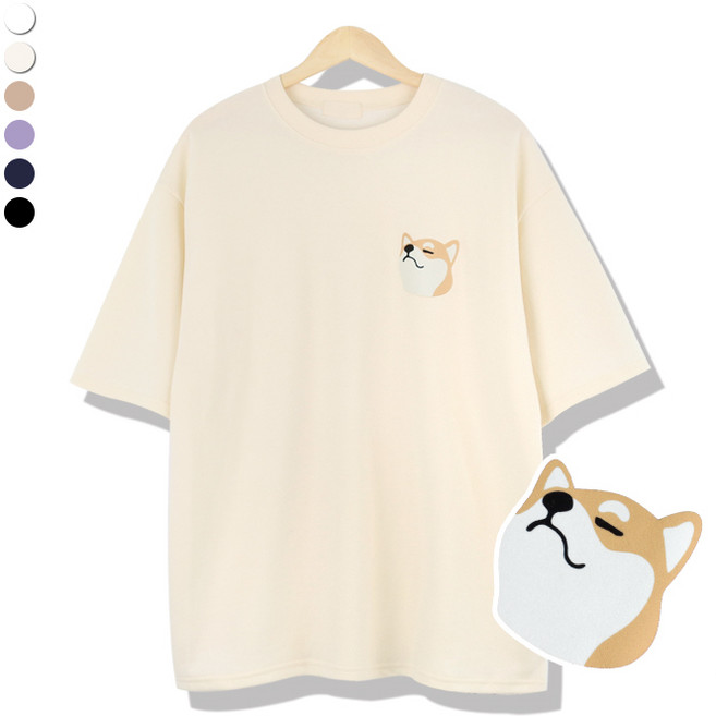 오마보이 남성용 시바견 패치 라운드 반팔 티셔츠