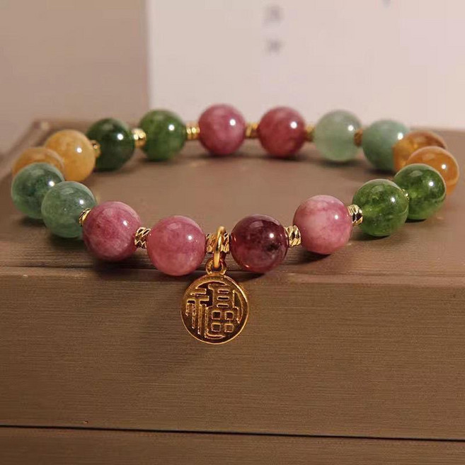 彩色碧璽金福牌手鏈