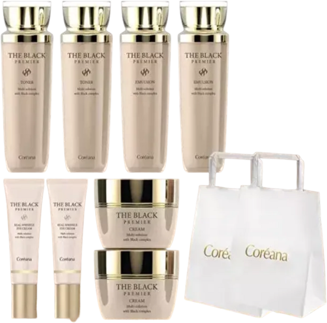 코리아나 더 블랙 프리미어 기초 4종(스킨/로션/크림/아이크림) 화장품세트 쇼핑백포함, 없음, 2세트