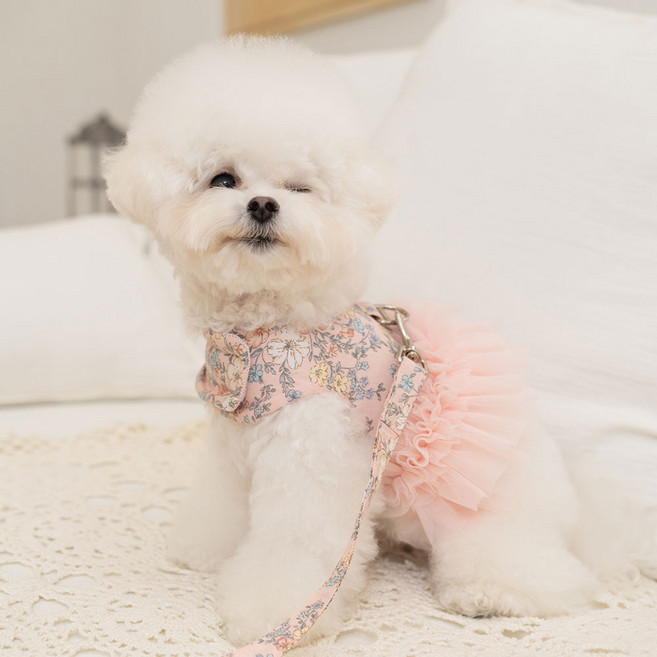 베일리 강아지 가슴줄 에블린 플라워 하네스+리드줄 세트, 핑크, 1개
