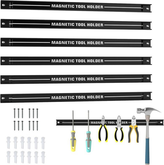 고플러스 6PCS 18인치 자석 공구 홀더 벽걸이형 176LBS 용량 정리함 헤비 듀티 금속 랙 바 차고 작업장용 스트립, Silver