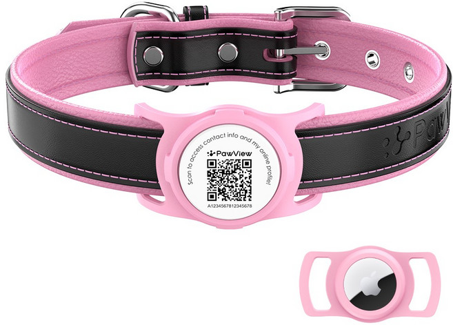포뷰 초경량 소가죽 강아지 목줄 + 에어태그 게이스, 1세트, 핑크+핑크