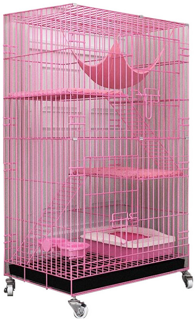 YUMDE 고양이 철창 케이지 대형 빌라 휠 이동식 반려묘 하우스 접이식 3단, 핑크, 1개