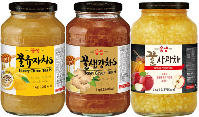 꽃샘 꿀유자차S +꿀생강차S +꿀사과차, 3개, 1kg