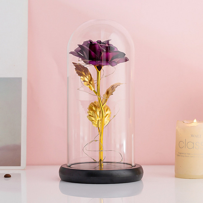 Clybo 영생화 유리커버 장미꽃 발광 크리스마스 발렌타인 선물, 보라+램프+받침