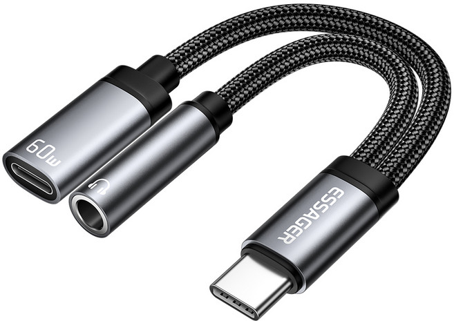 Essager PD 60W C타입 마이크 이어폰 고속 충전 듀얼 젠더 3.5mm/C타입 연결 잭, 1개, 3.5mm