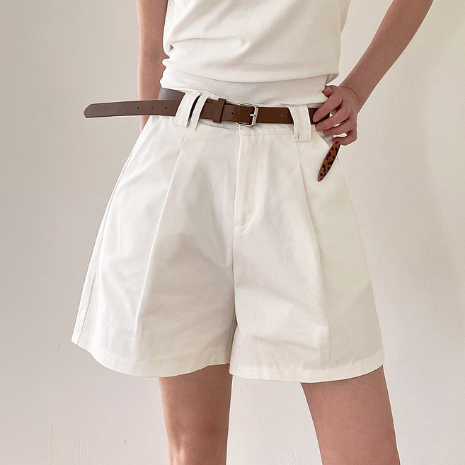 잇진 여성 벨트 세트 A라인 핀턱 4부 버뮤다 팬츠 반바지