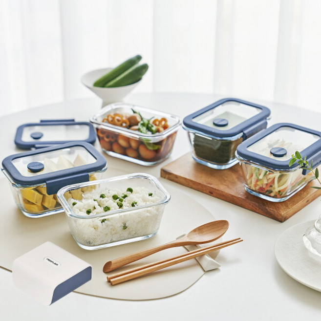 [네오플램] 글라쎄Z 진공 내열유리 냉동밥 밀폐용기 5종(460x5)+진공 펌프 1EA