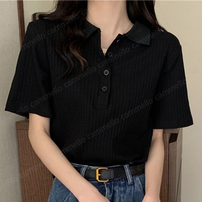 cammello 여성 데일리 카라넥 기본핏 티셔츠 심플 버튼 반팔 니트티