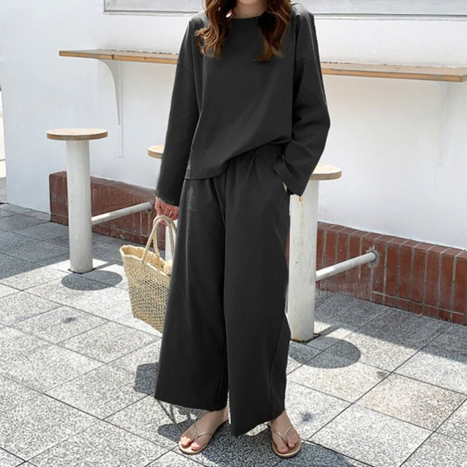 세트 린넨 여성 티셔츠 밴딩 바지 트레이닝 와이드 팬츠