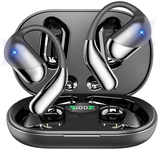 Aurotlu 오픈 이어 클립 무선 이어버드 골전도 헤드폰 블루투스 5.4 디자인 내장 마이크 IPX7 방수 LED 디스플레이 충전 케이스 후크 버드 러닝 피트니스, Aurotlu 오픈 이어 클립 무선 이어버드 골전도 헤