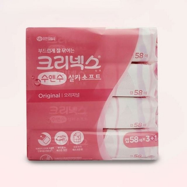 크리넥스 수앤수 캡형 세정 물티슈 58매 4팩 세트 sis*54347JW, 43g, 4개