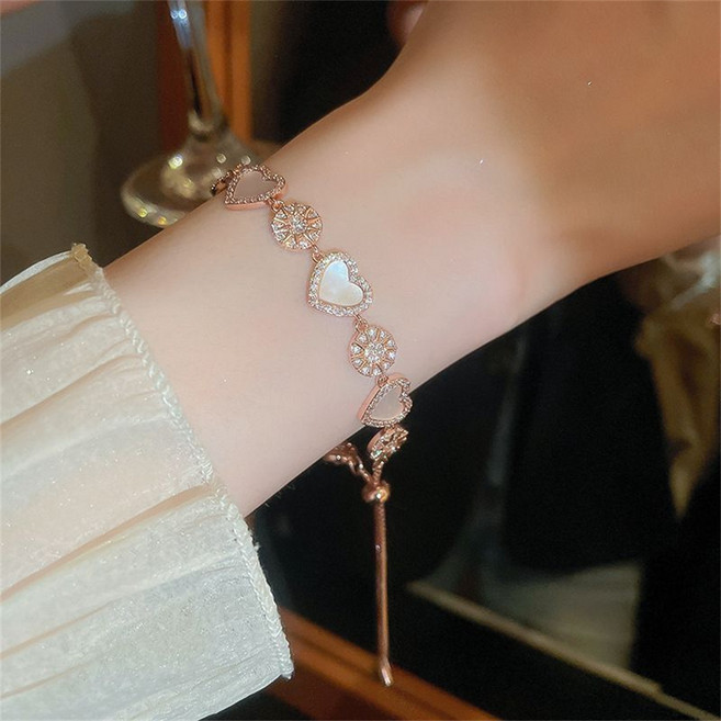 besteffie 여성 로즈 도금 하트 팔찌 인조 보석 장식 큐빅 세련된 디자인 조절 가능 체인 팔찌 K83