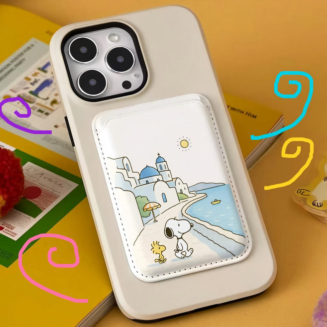 스누피 해변 휴가 산책 팬터 맥세이프 호환 가드지갑 갤럭시 아이폰, 1개, 크림화이트