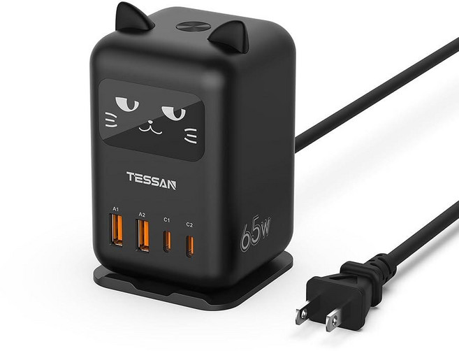 USB C 충전기 블록 PD 65W 여러 장치용 TESSAN 충전 스테이션 아이폰 17/16/15 맥북 태블릿 사무실 홈 기숙사용 4개의 포트가 있는 데스크탑 타워 1, 블랙