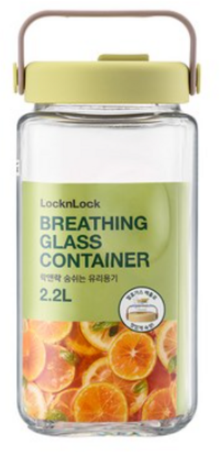 락앤락 숨쉬는 유리용기 옐로우 그린 + 네임택, 2.2L, 1개