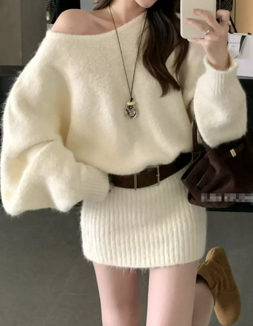 서진맘 여성 일자넥 가오리핏 힙스터 니트 긴팔 미니 원피스(벨트포함)