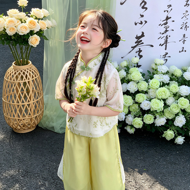DFMEI 女童新中式漢服套裝夏季兒童短袖古風唐裝兩件套小女孩表演服