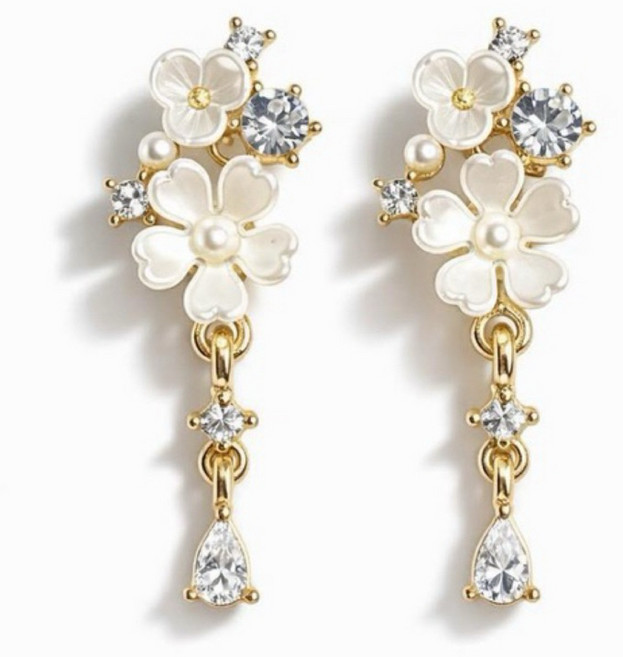 夾式耳環 白色系花朵綴鑽珍珠垂墜耳飾