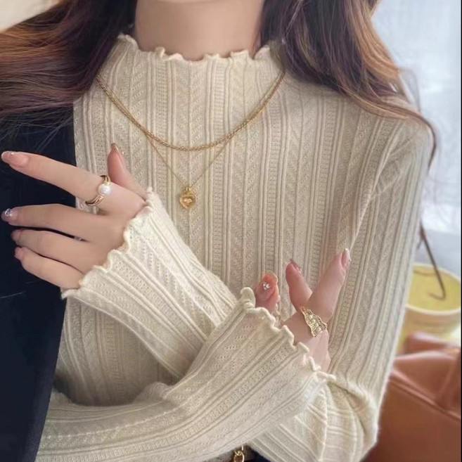 [웨일쓰] 여성 골지 니트 반폴라 물결티셔츠 데일리 기본템 겨울 이너 스웨트