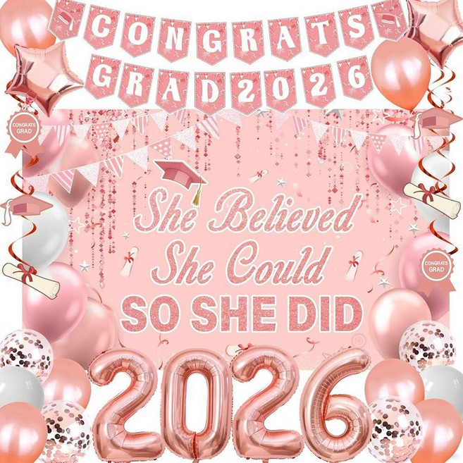 졸업 장식 2026 퍼플 골드 2026 파티 세트 She Believed Could So Did 배경 배너 풍선 여아용 대학 고등학교 간호사 파티용 205673, Rose Gold