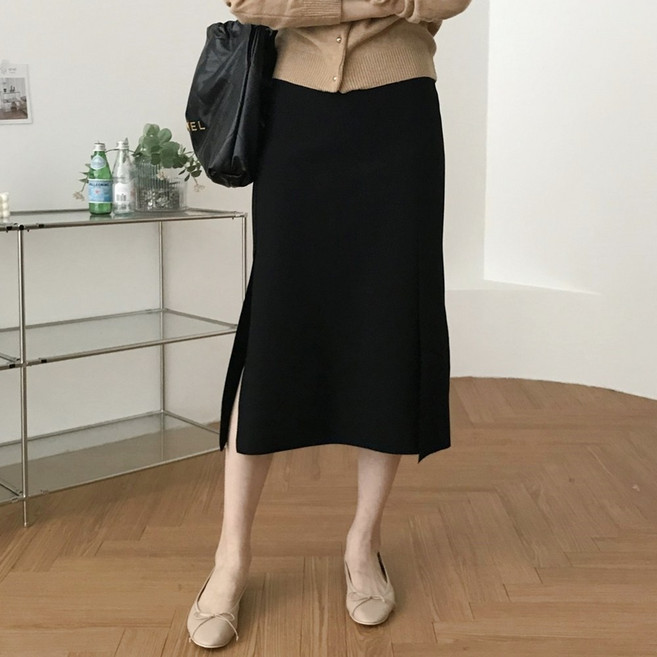 여성 H라인 밴딩 슬림핏 사이드 트임 미디 스커트 빅사이즈 데일리 오피스룩 국내제작