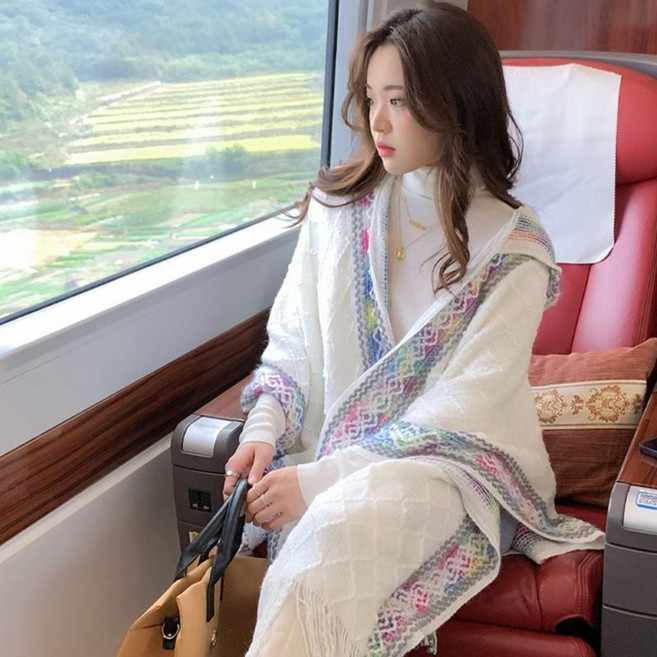 해피유통여성 가을 겨울 후드 디자인 무지개 스트라이프 프린지 니트 숄 lmy