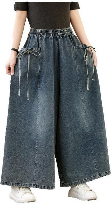 여성용 허리 밴딩 루즈핏 데님 와이드 팬츠 빅 사이즈 9부 데님 팬츠