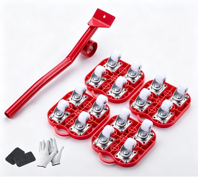 五件套 搬家神器 重物移動 萬向輪 滑輪 挪床 家電 家具 柜子 搬運 帶剎車, 4個, 加厚萬向輪剎車橡膠紅輪五件套帶撬杆）