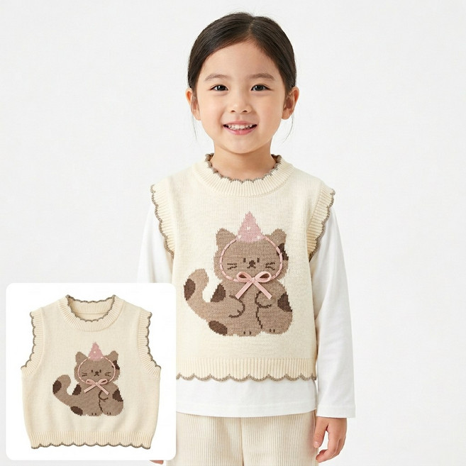 여아 니트조끼 유아 고양이 캐릭터 아동 니트베스트