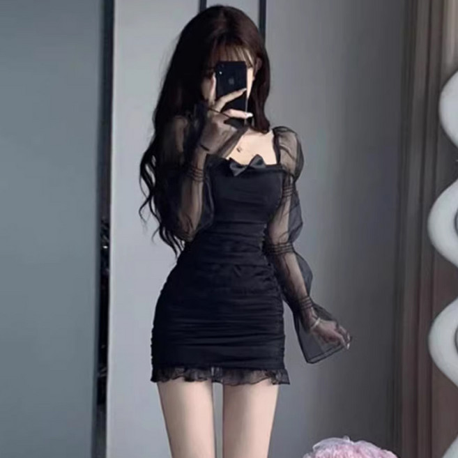 나인클로젯 블랙 시스루 퍼프 소매 레이스 슬림 미니 원피스 섹시 클럽룩 파티룩 드레스