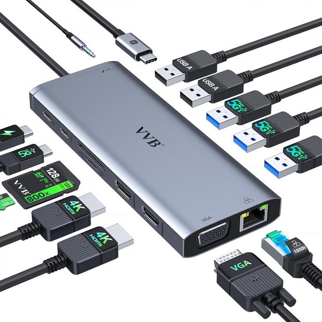 Dell Lenovo 노트북용 USB C 도킹 스테이션 듀얼 모니터 HDMI 14 in 1 2 포트 4K+VGA 타입 허브 멀티포트 어댑터 동글 도크 to 이더넷+5, 6.2 inches