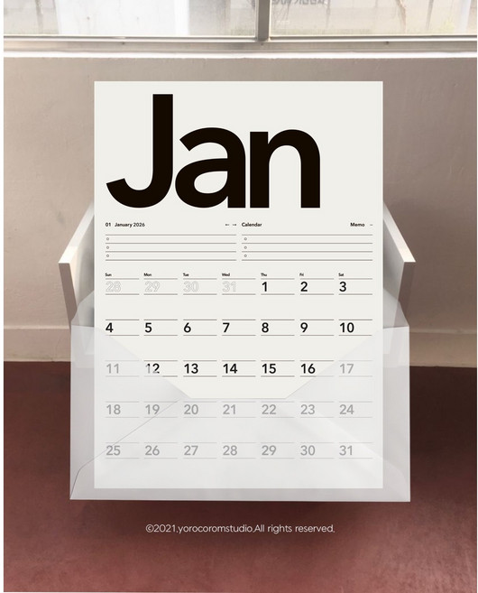 2026 모던달력 모노톤 심플 미니멀인테리어 낱장달력 Minimalist, A4 12매 SET