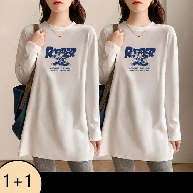 1+1 여자 긴팔티 캐주얼 얇은 롱티 2피스 루즈핏 긴팔 티셔츠 빅사이즈 봄 가을 여성 긴소매 상의 CJJ