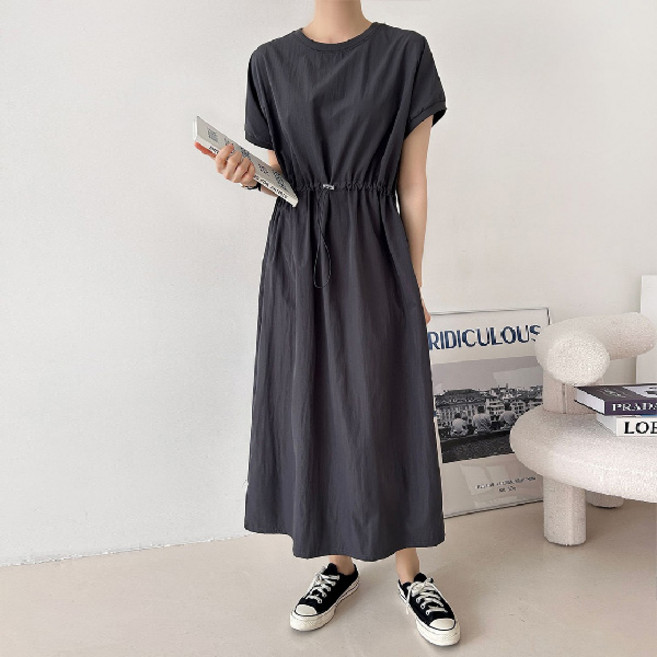 마이쏭 여성 빅사이즈 루즈핏 반팔원피스 바스락 플립스트링롱원피스