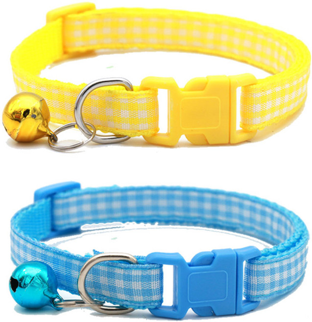 하니펫 반려동물 예쁜 체크 방울 목걸이 2개, 1세트, 옐로우+블루
